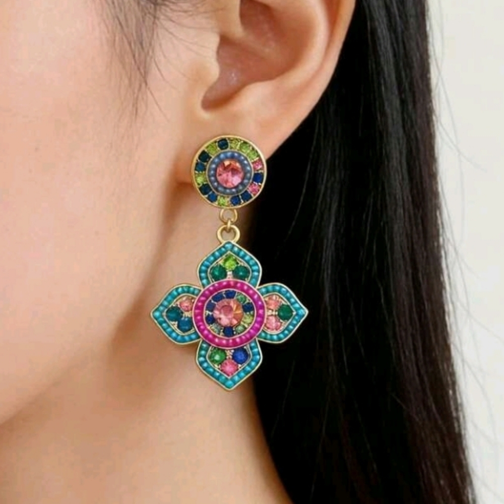Boho Teal Pink Rhinestone Beaded Floral Shape Drop Earrings